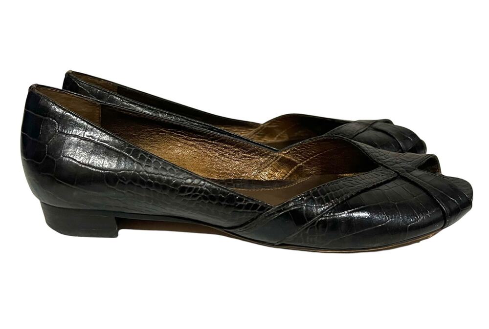 Kenneth Cole Croc Embossed Leather Peep Toe Loafers Heeled Shoes Sz 7 Dark Brown